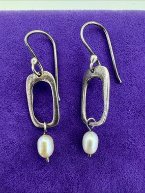 💛 Vintage Sterling Silver Oval Link Pearl Drop Earrings | Ocean Tides